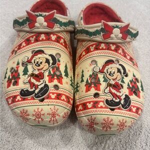 Disney womans Holiday croc Slippers - Red and Cream with Santa Mickey